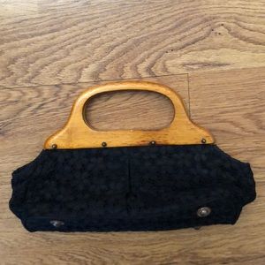 J. Crew Black lace with wooden handles clutch